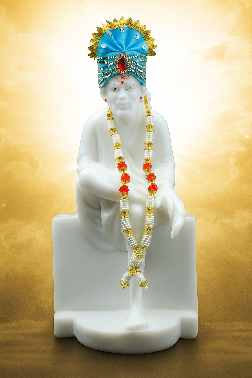 🕉️ Hemant Art Sai Baba Marble Statue 🪷 Idol | Murti | Vastra & Poshak Dress with Pagadi – 12 Inch | White Marble Finish 🙏